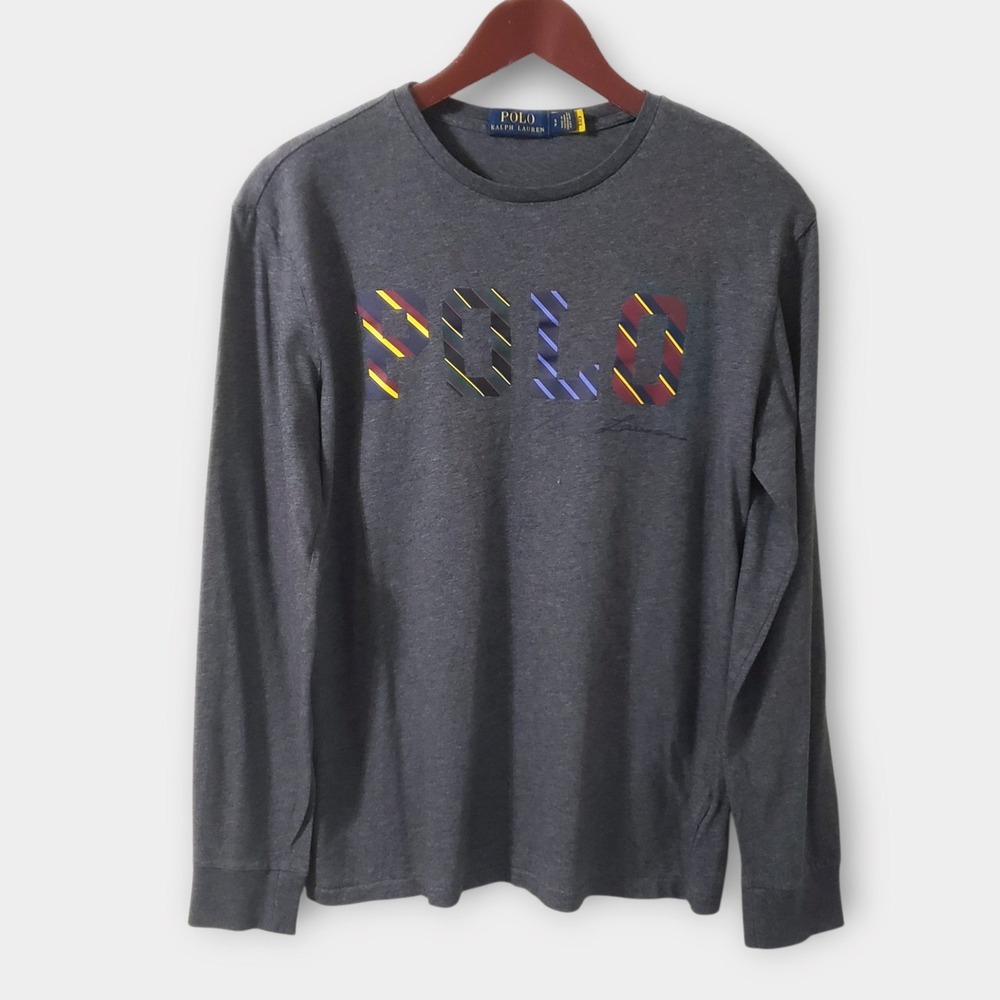 Polo Ralph Lauren Mens Small Gray Long Sleeve Graphic T-Shirt Striped Logo